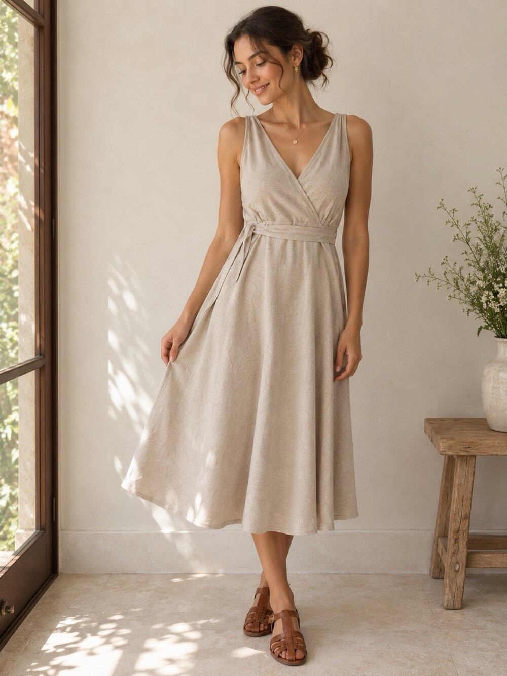 Oysho Linen Blend Midi Dress M Oatmeal Wrap Tie Waist Minimalist Resort Coastal